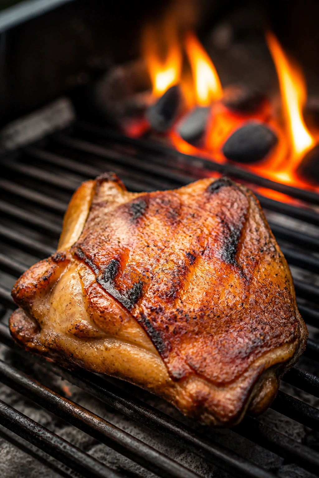 Juicy chicken thigh with crispy skin on a grill in a backyard setting