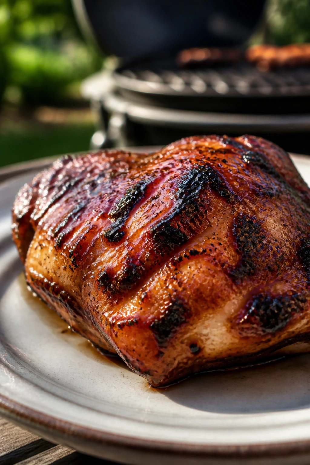 Juicy grilled chicken thigh with glaze and char on plate outdoors
