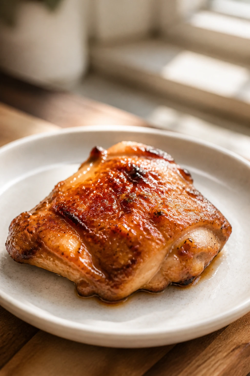 Juicy chicken thigh with glaze on plate, ready to reheat