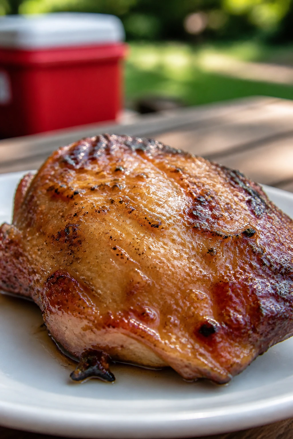 Close-up of a juicy glazed chicken thigh on a plate