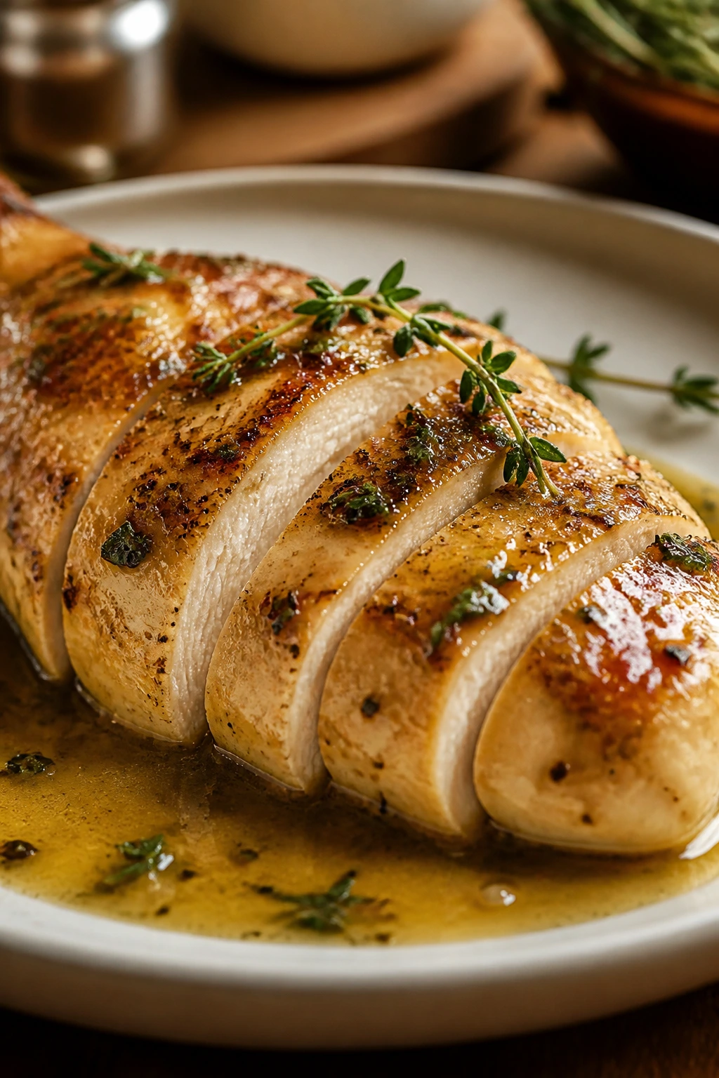 Close-up of a juicy chicken breast with thyme butter sauce
