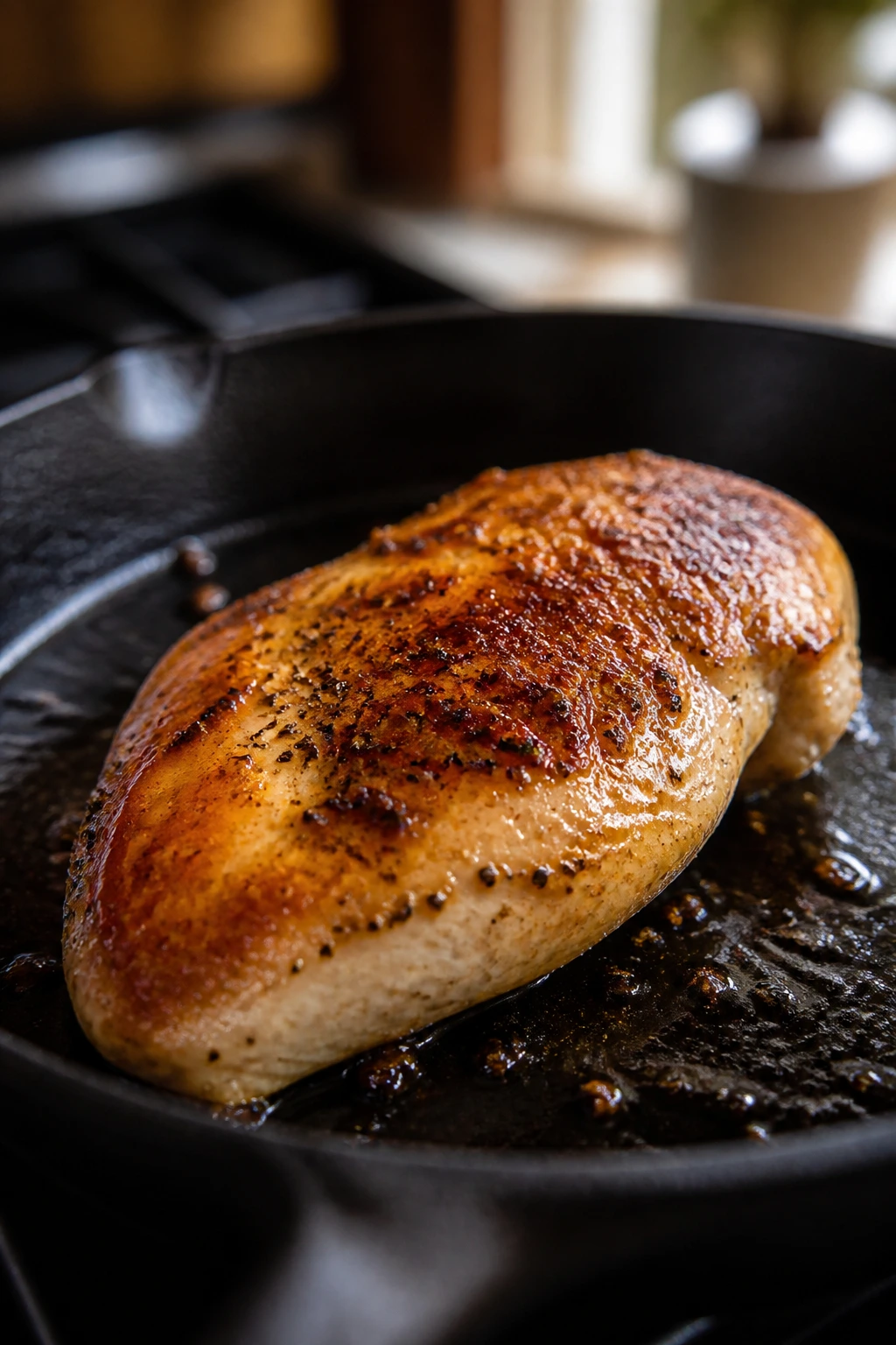 Close-up of a juicy chicken breast browning in a cast-iron skillet