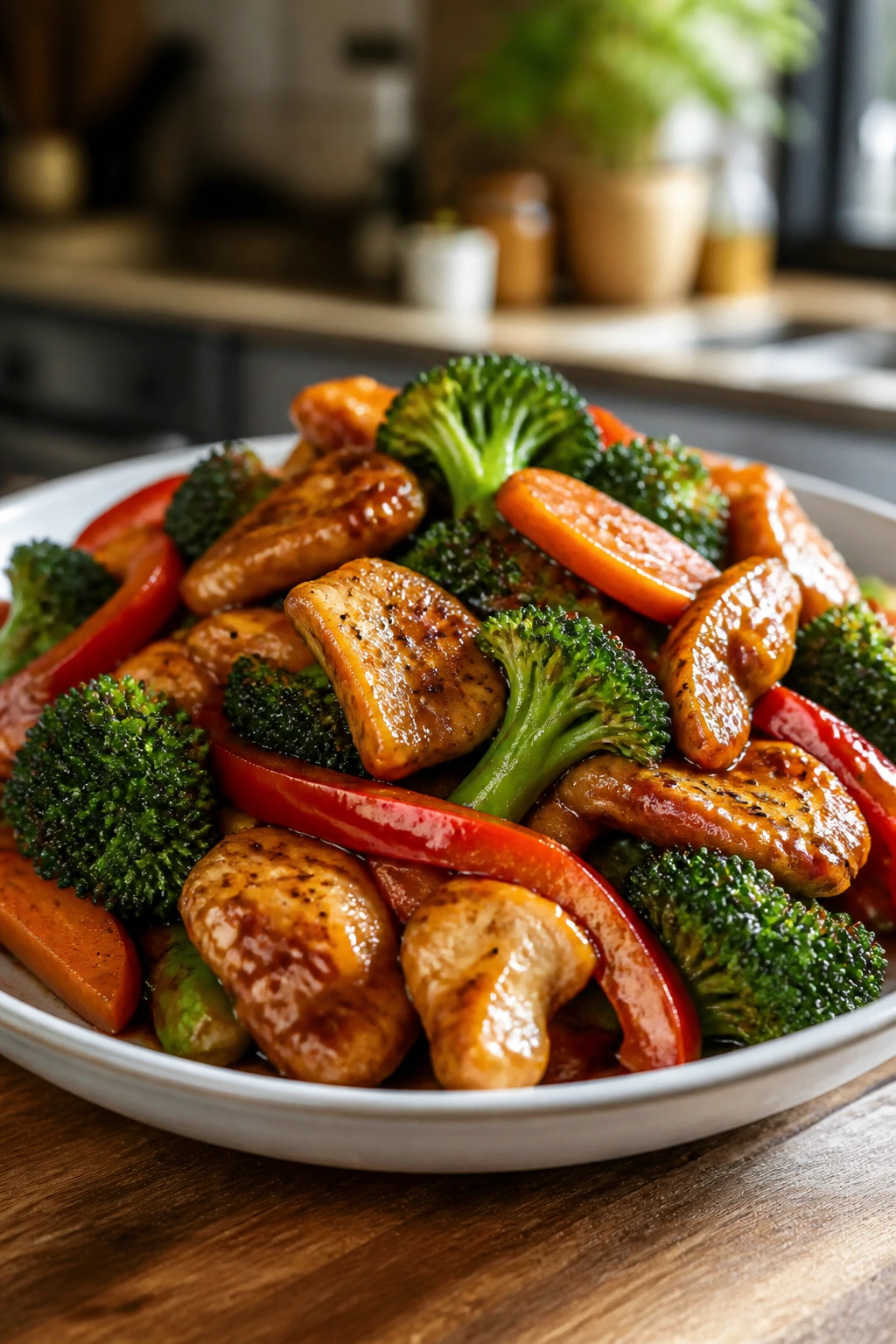 Glossy stir-fried chicken and vegetables plated beautifully