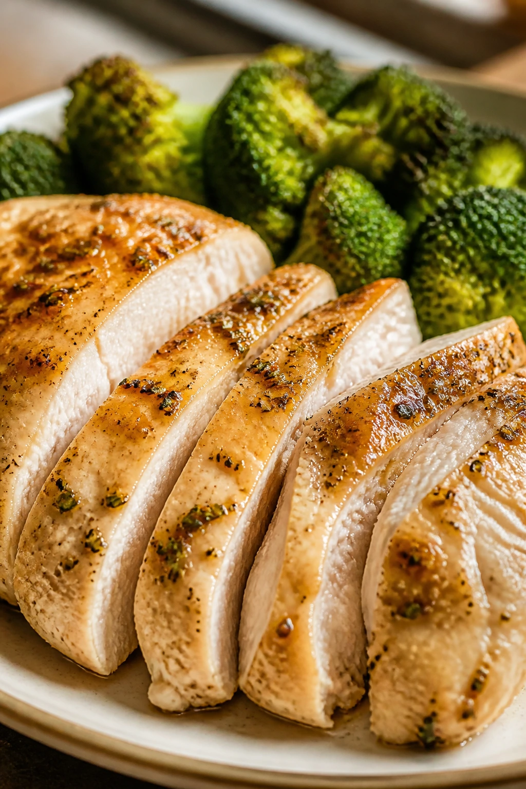 Juicy sliced chicken breast with roasted vegetables on a plate