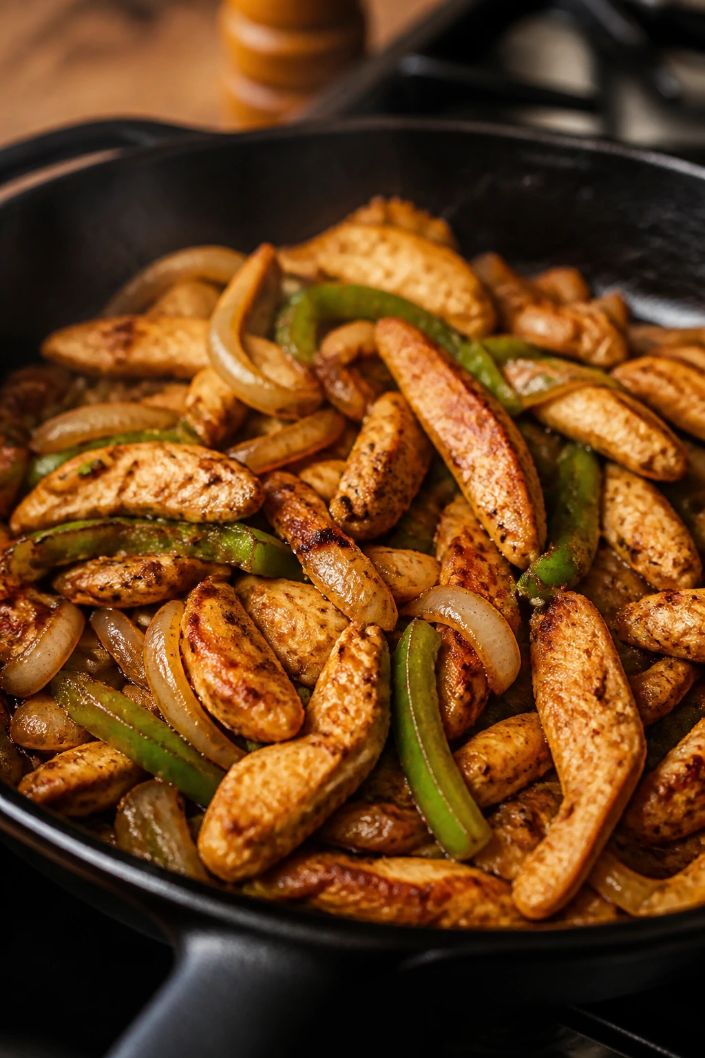 Close-up of browning chicken filling with onions and peppers in a skillet