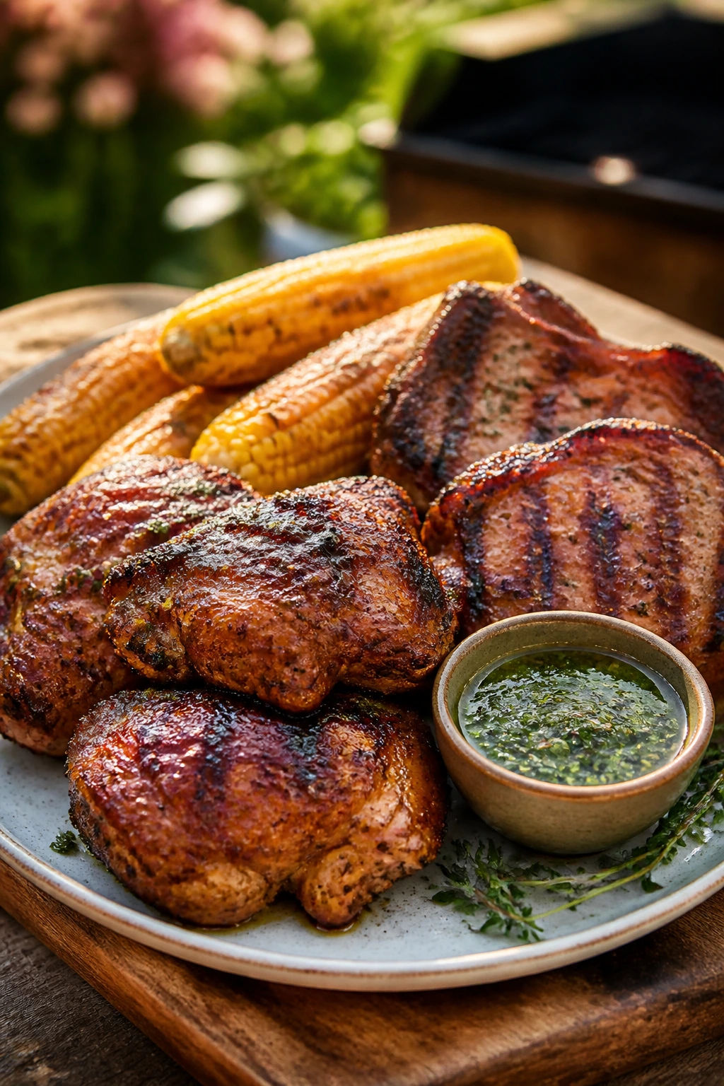 Plate of juicy grilled chicken, pork chops, and corn outdoors on a wooden board