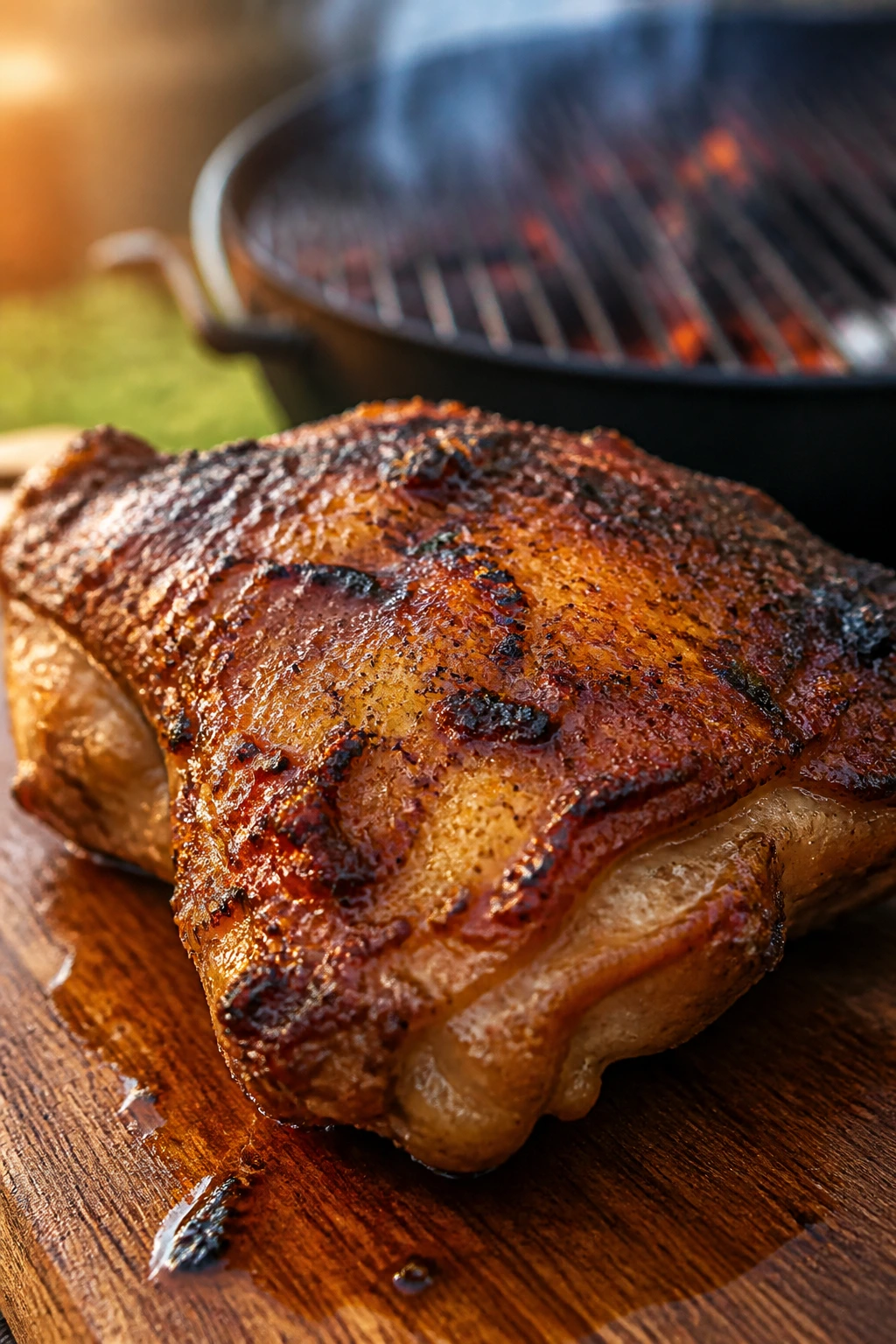 Juicy grilled chicken thigh with brown crust on a wooden board outdoors