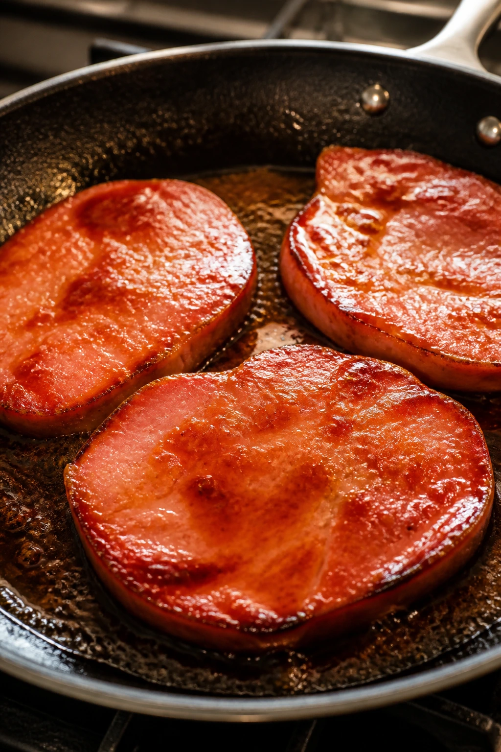 Medium close-up of ham slices browning with glossy glaze