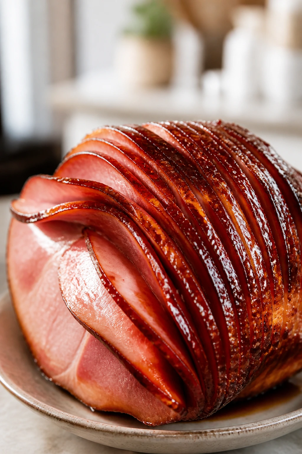 Juicy ham with a glossy lacquer on a dinner plate