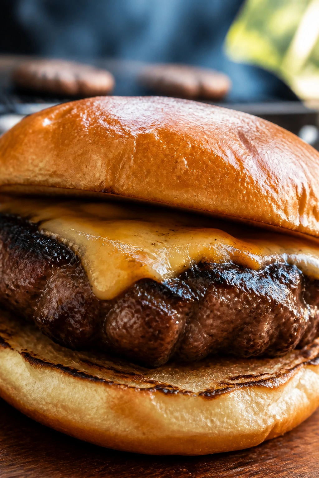Close-up of a juicy hamburger with cheese on a toasted bun in a backyard setting
