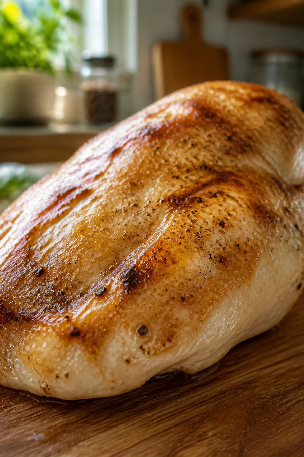 Close-up of a juicy chicken breast with glossy surface in a warm kitchen