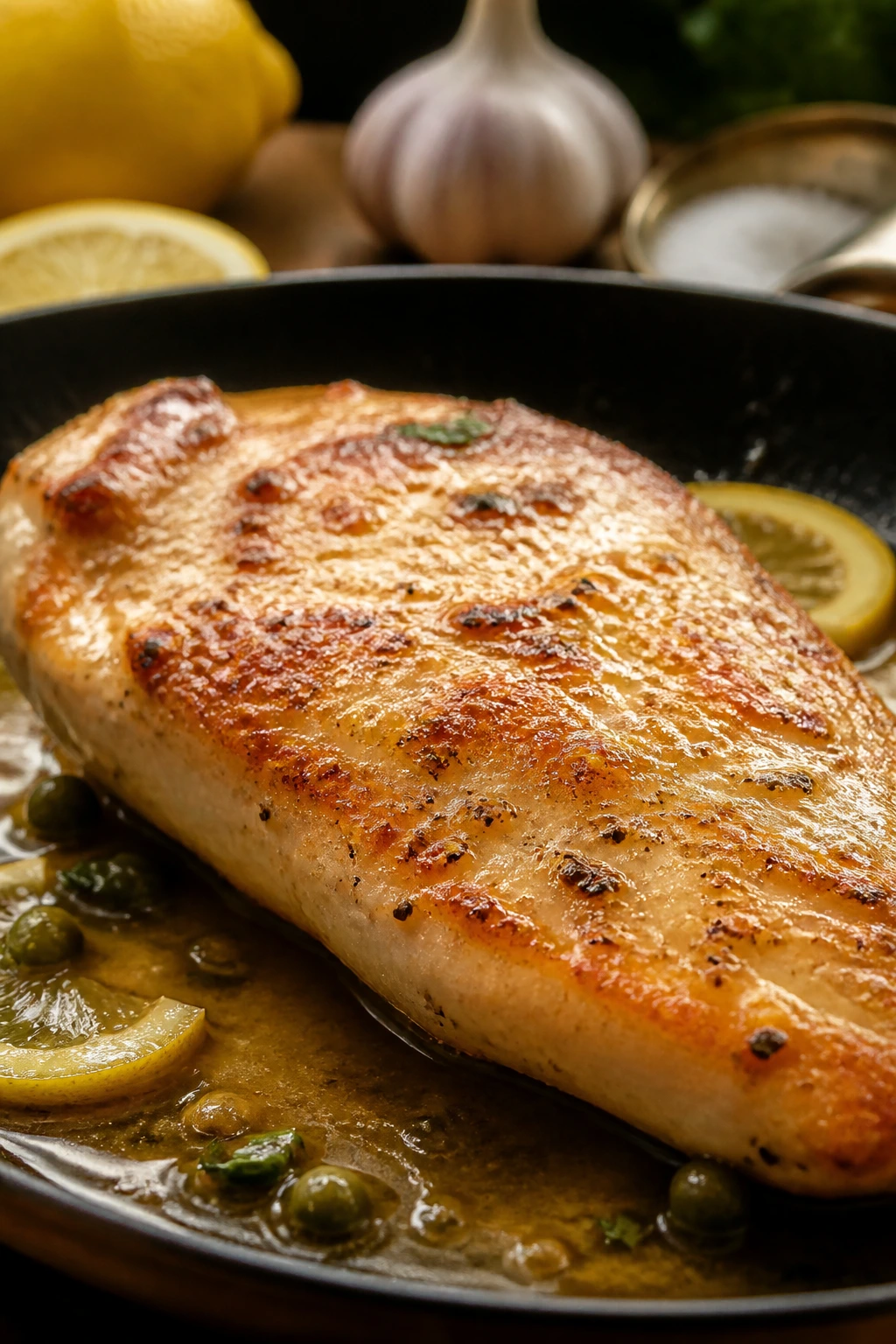 Close-up of a juicy minute chicken breast cutlet with lemon butter sauce