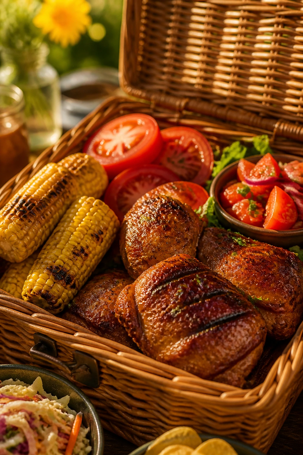 Close-up of a juicy picnic basket filled with moist foods like chicken thighs, corn, and tomatoes in a sunny backyard