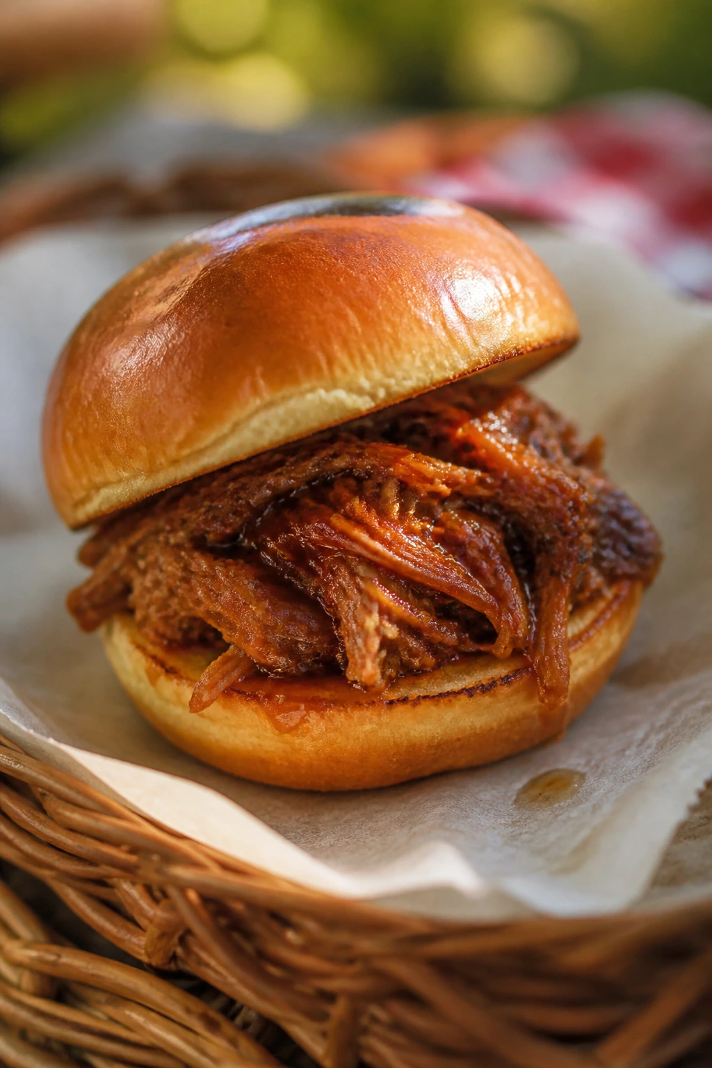 Close-up of a juicy pulled-pork slider in a rustic picnic setting with a basket edge