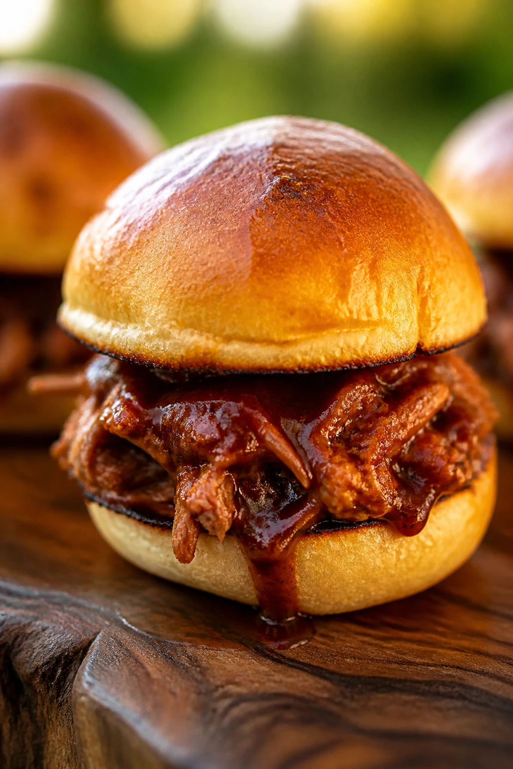 Juicy slider with sauce on toasted buns on a wooden board