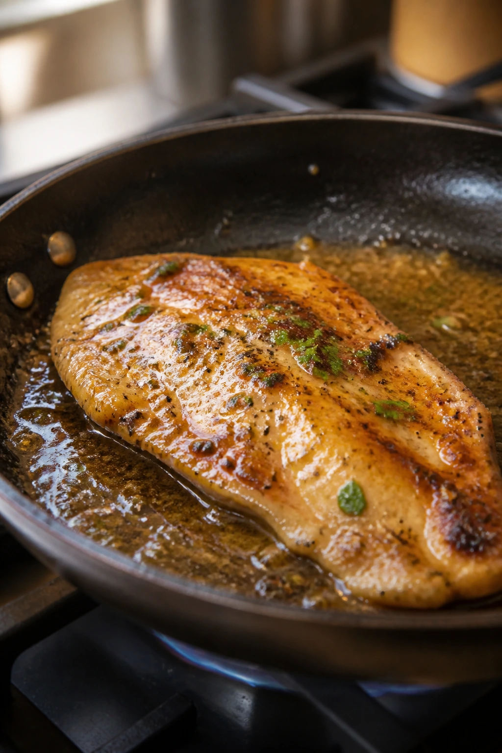 Close-up of a juicy thin chicken cutlet browning in a skillet with glossy sauce.