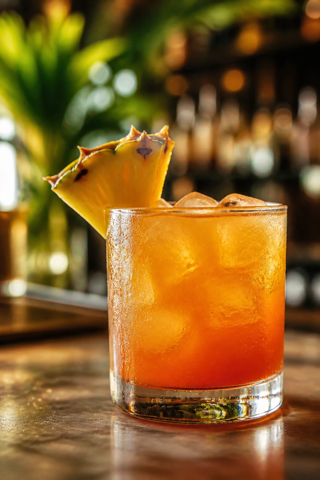 Jungle Bird cocktail in a rocks glass with pineapple wedge
