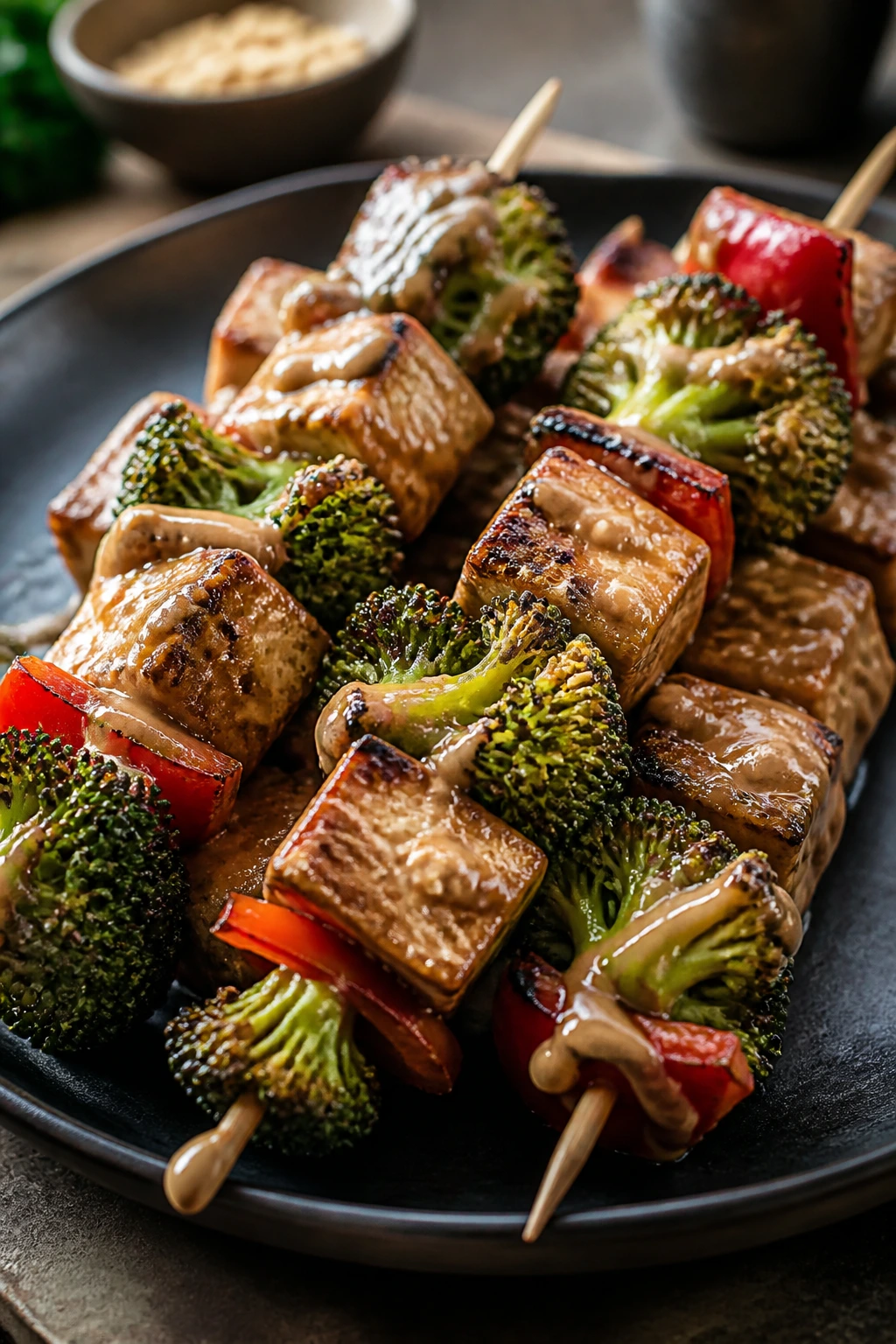 Close-up of Thai peanut broccoli and tofu kabobs on a dark plate with glossy glaze