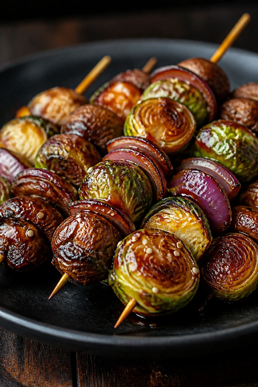 Korean gochujang Brussels sprout and mushroom kabobs with glaze on a dark plate