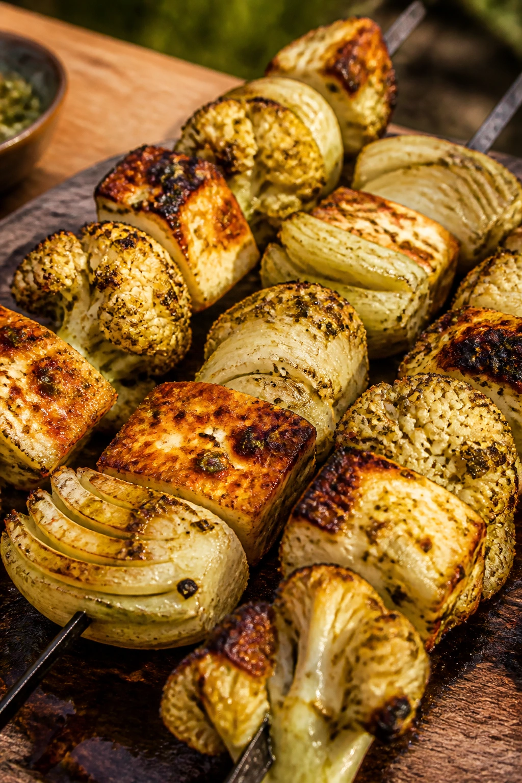 Close-up of skewers with cauliflower, fennel, halloumi grilling over heat