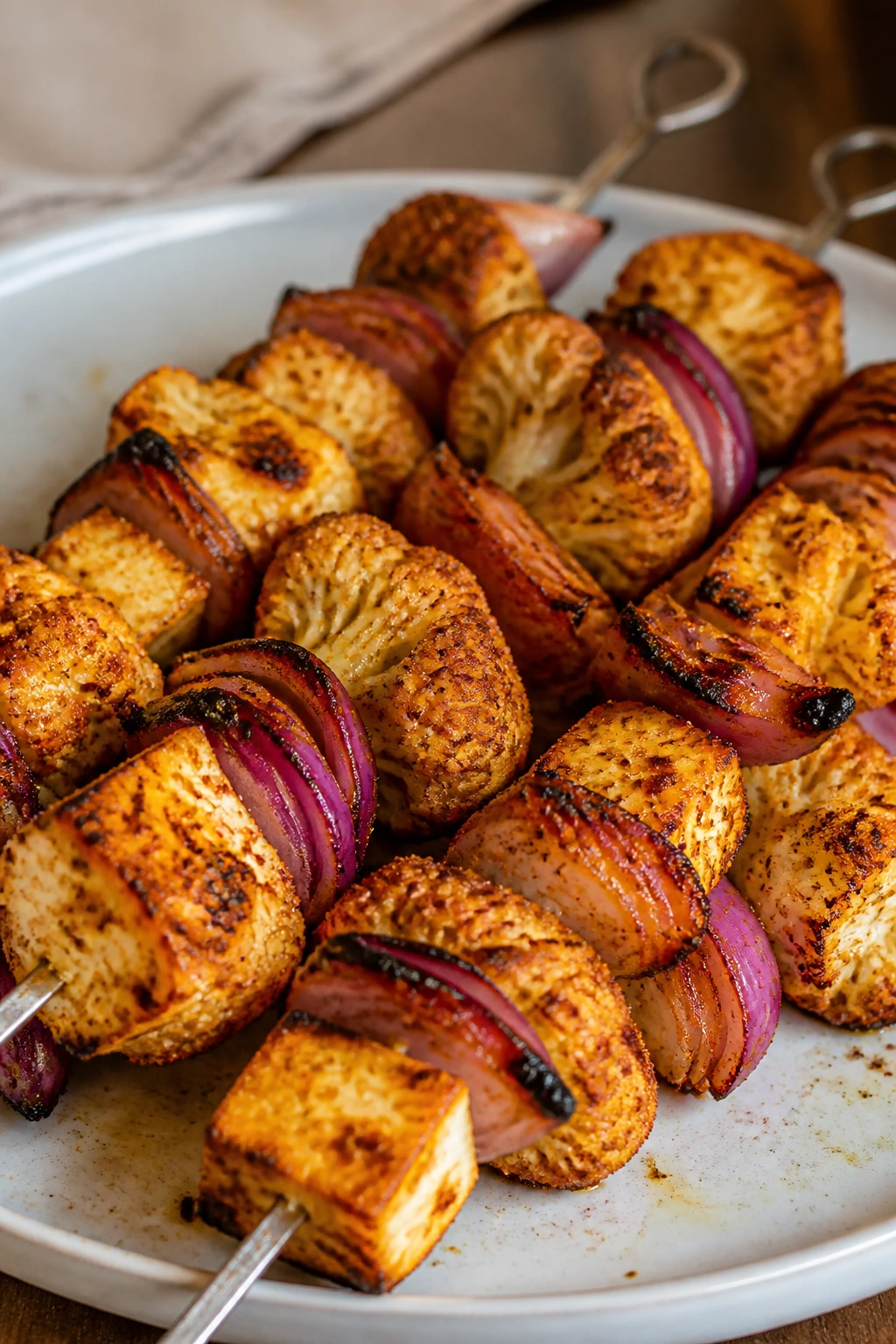 Close-up of shawarma-spiced cauliflower and halloumi kabobs on a plate