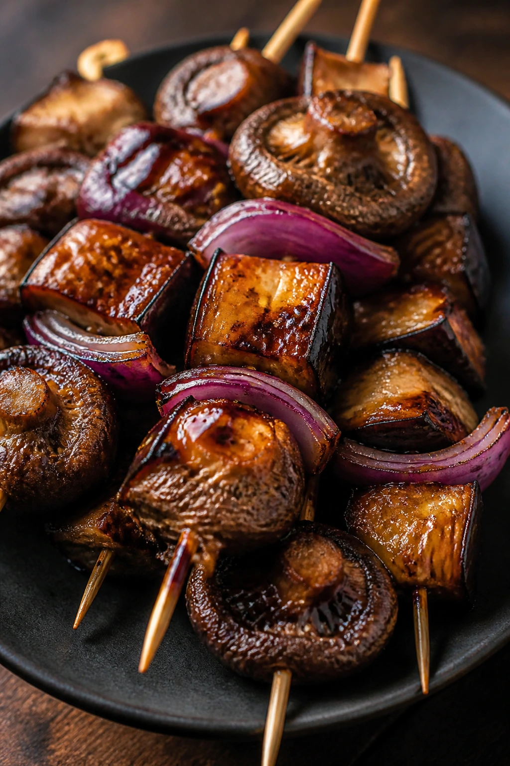 Close-up of miso-maple eggplant and shiitake kabobs on a plate