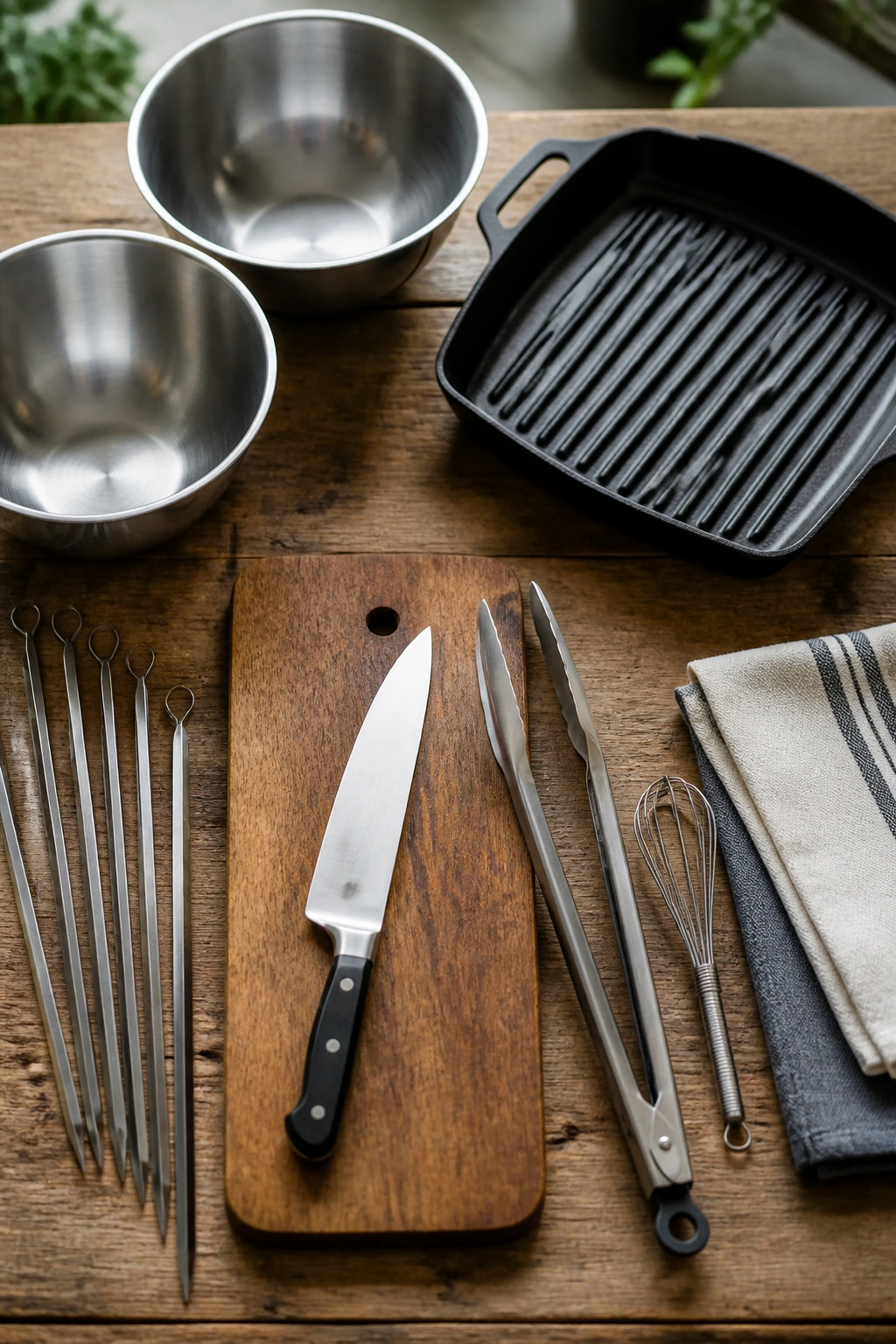 Top-down view of essential kabob tools on a wooden surface