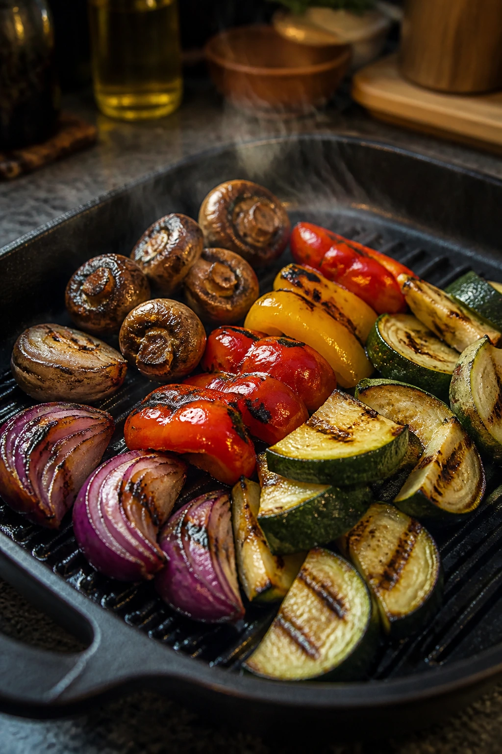 Close-up of vegetables browning on a grill pan for kabob heat