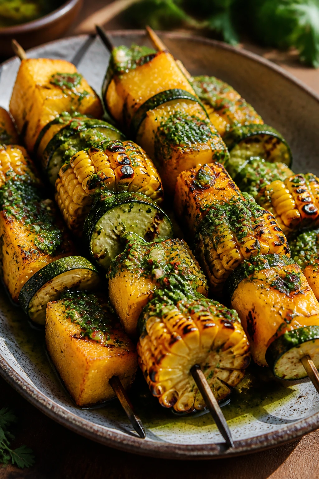 Close-up of polenta corn chimichurri kabobs on a rustic plate
