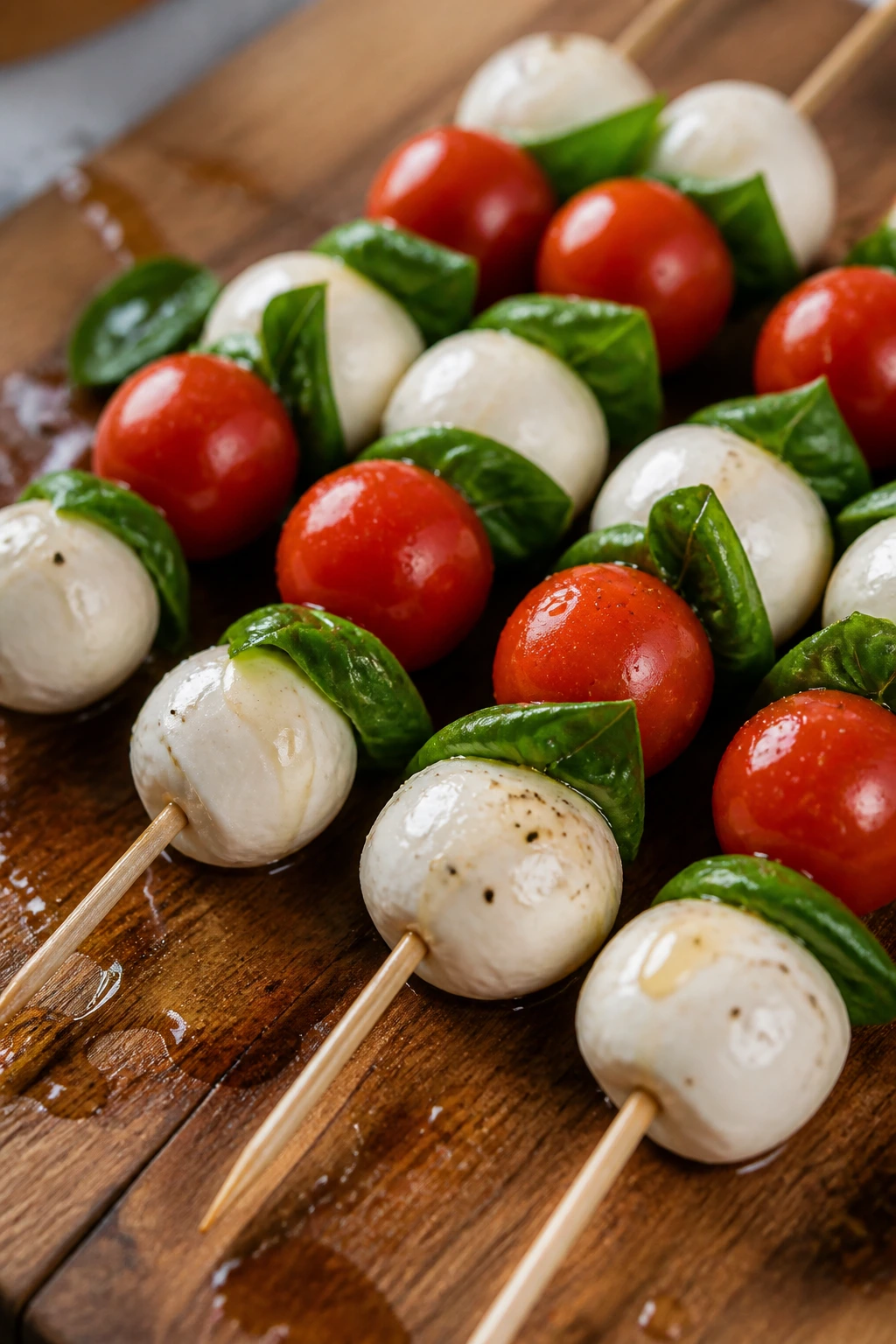Caprese capabs kabobs with tomatoes mozzarella and basil on a wooden board