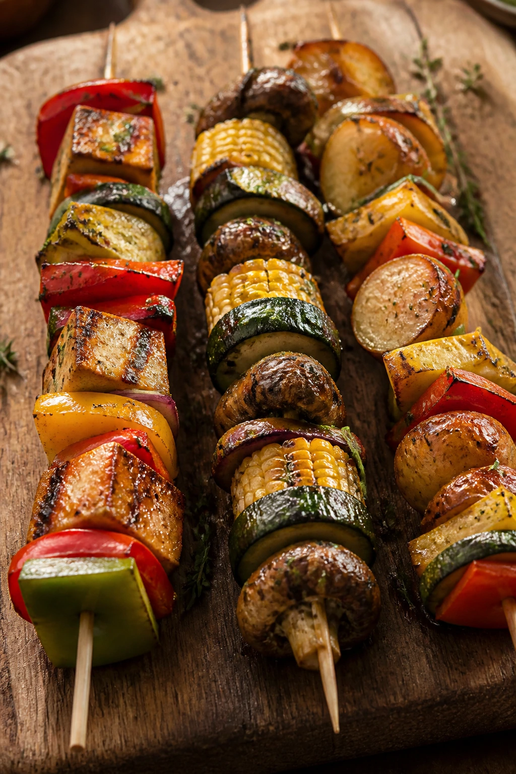 Colorful veggie kabobs on a board showcasing variations with tofu, mushrooms, and potatoes