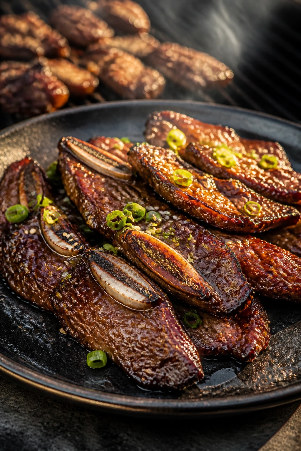 Close up of glazed kalbi short ribs with sesame seeds on a dark plate