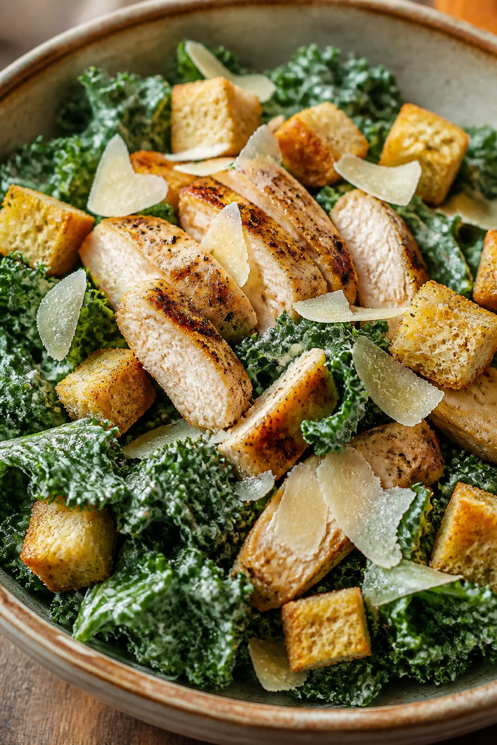 Close-up of Kale Caesar Chicken Salad with kale, chicken, parmesan, and croutons in a rustic bowl
