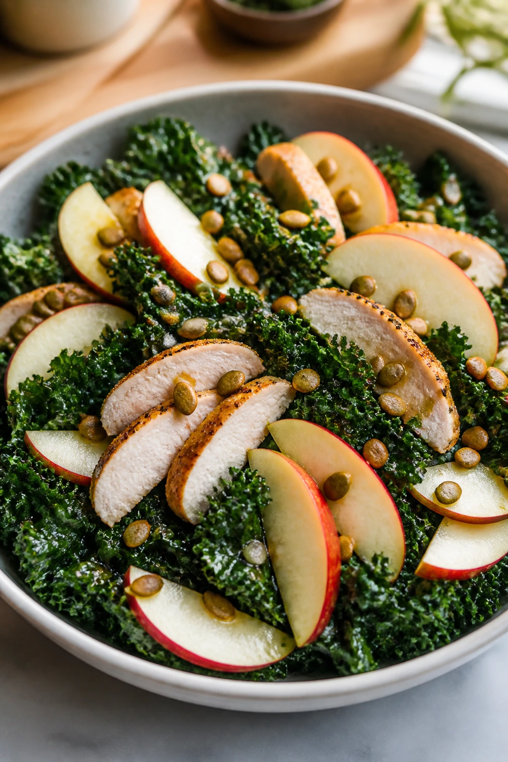 Close-up of Kale Apple Salad with Chicken and Pepitas showing kale, apples, chicken, and pepitas