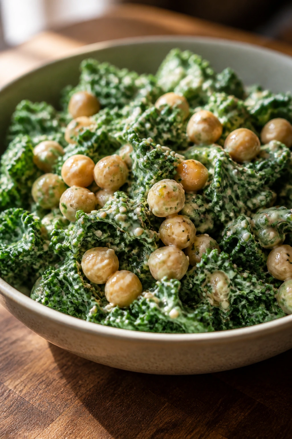 Close-up of Tahini Kale Chickpea Salad in a bowl on a wooden counter