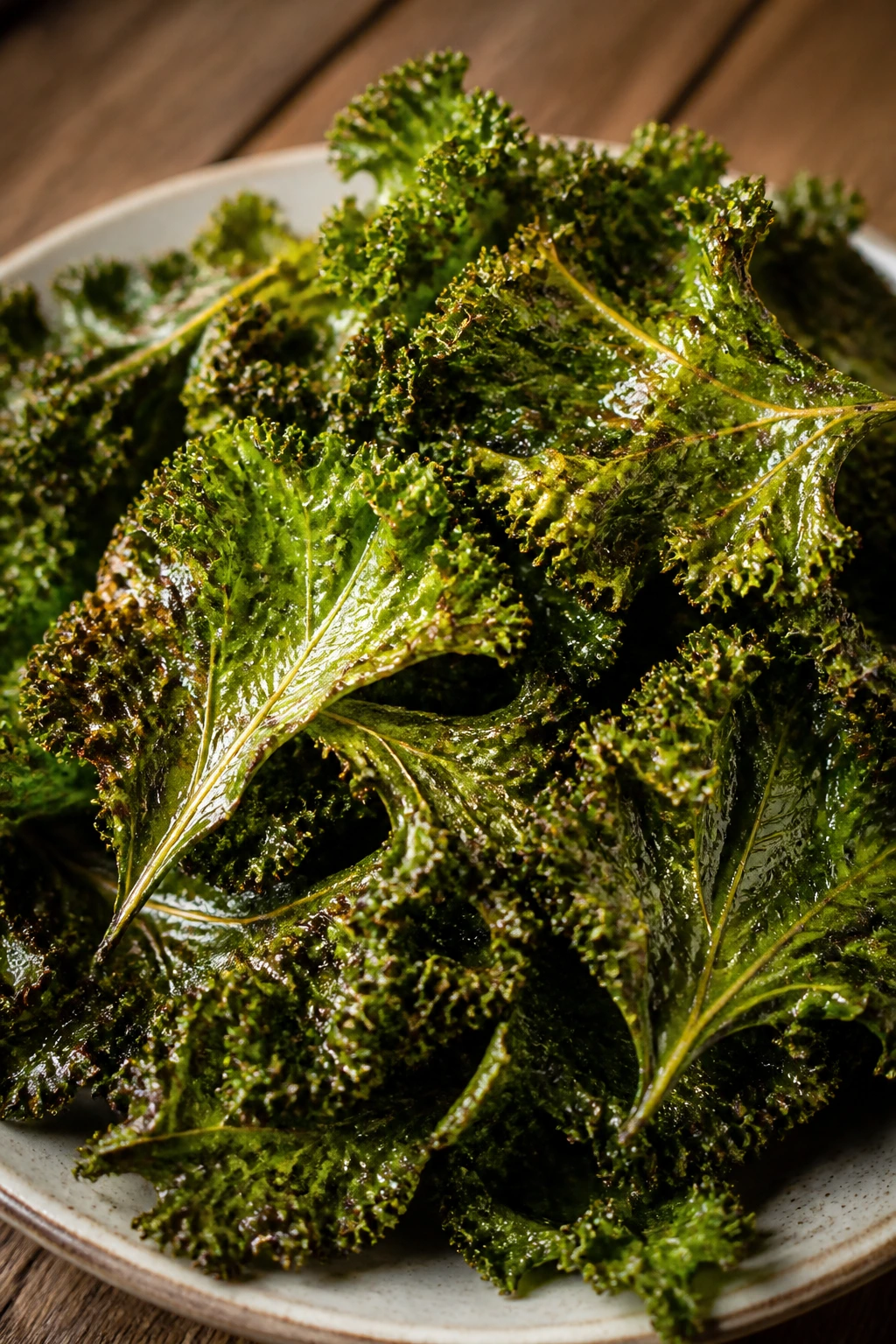 Close-up of vibrant kale chips on a plate with warm lighting
