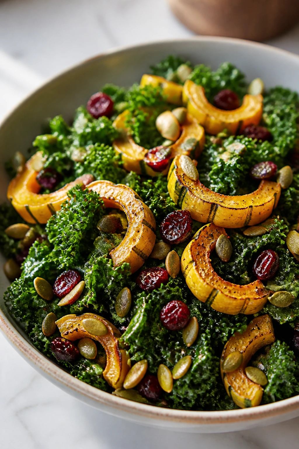 Kale salad with delicata squash cranberries and pepitas in a bowl