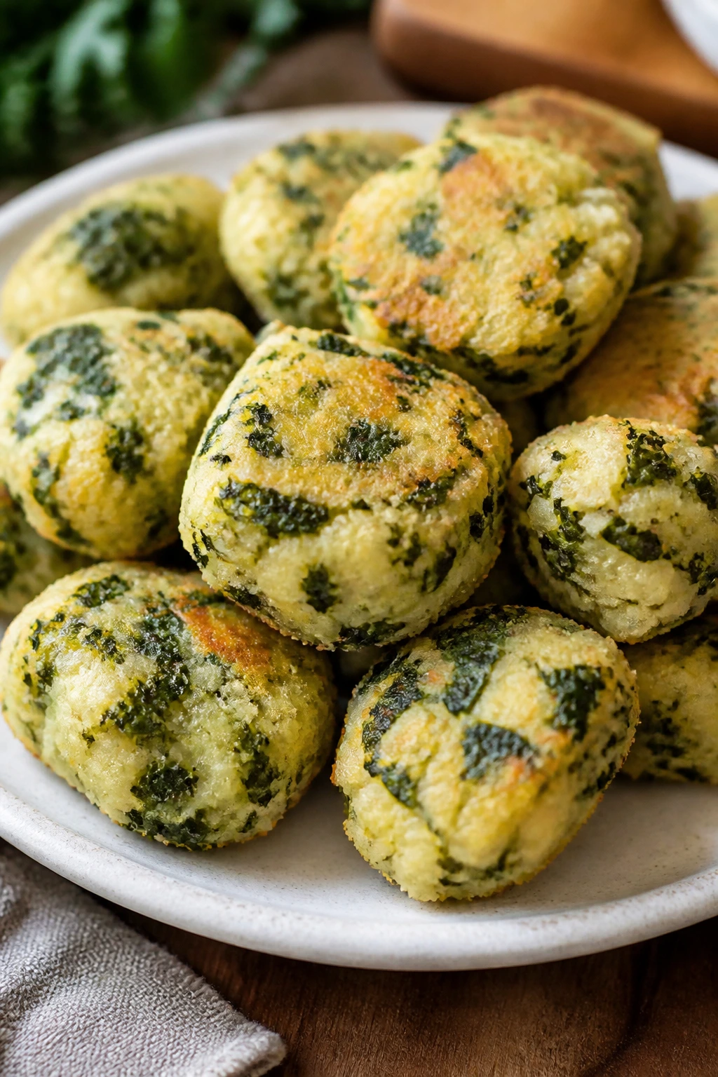 Close-up of kale potato veggie nuggets on plate