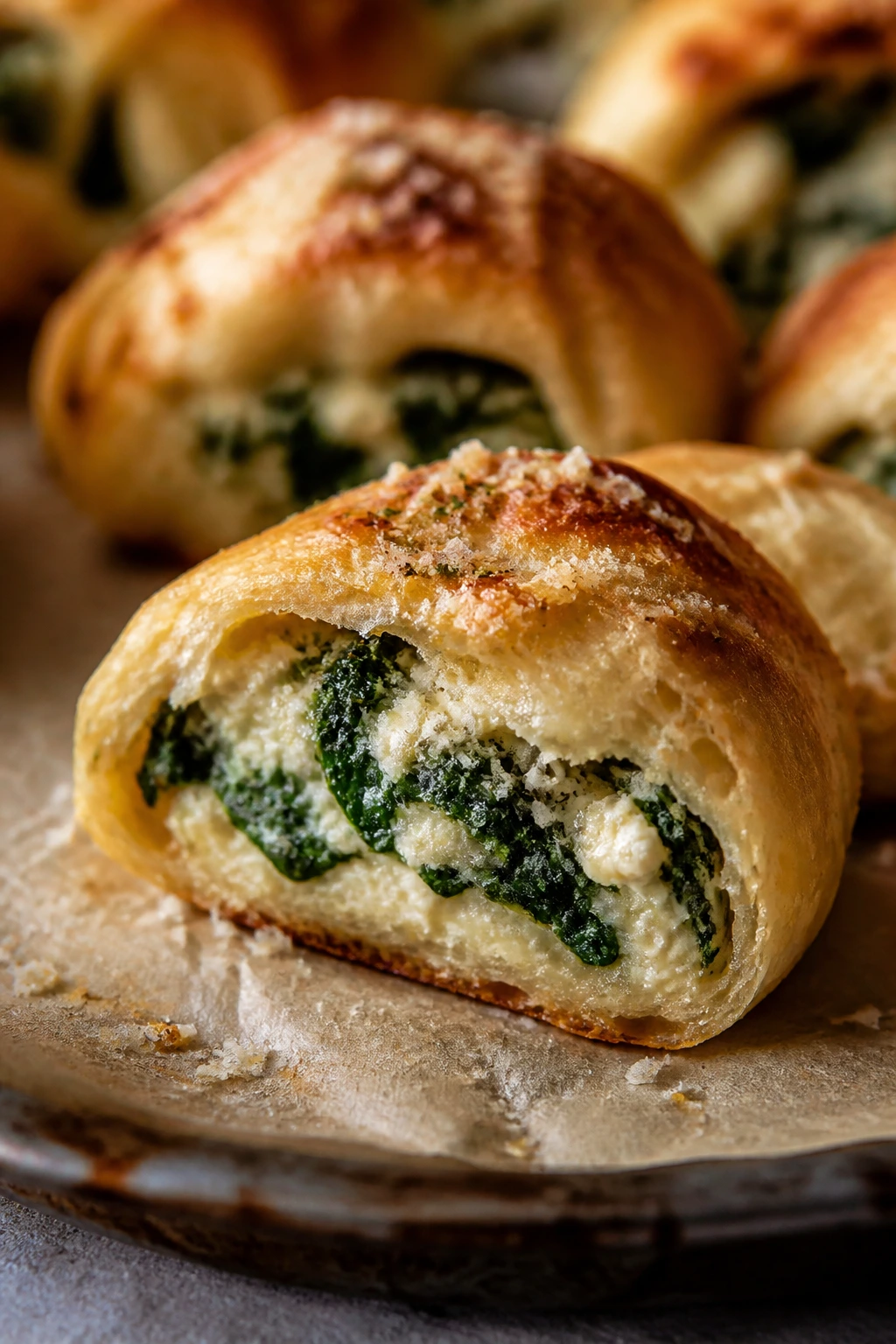Cross-section of kale ricotta pecorino roll with greens and creamy filling