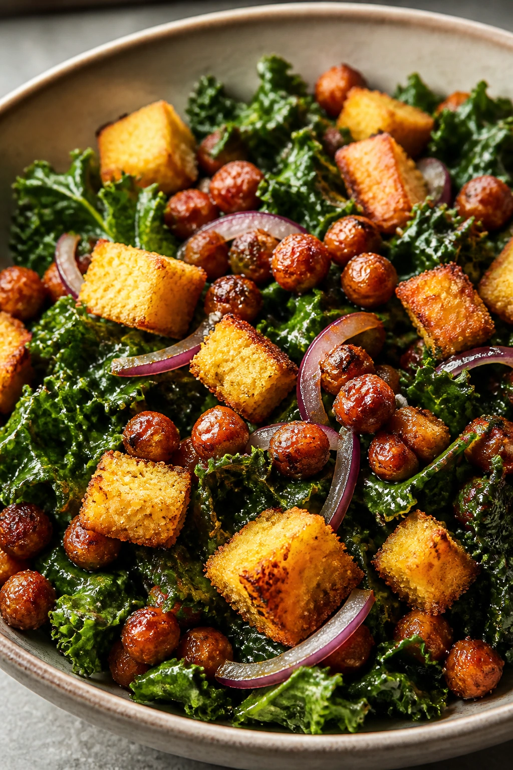 Kale salad with BBQ chickpeas and cornbread croutons in a bowl