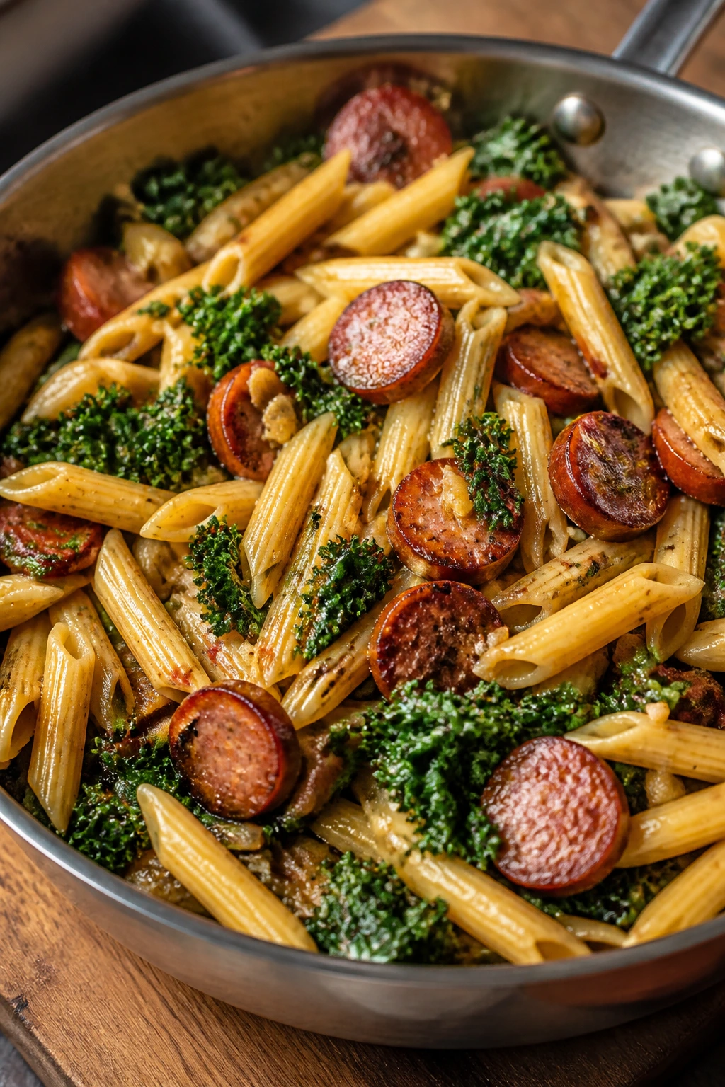 Close-up of kale and smoked sausage pasta in a skillet