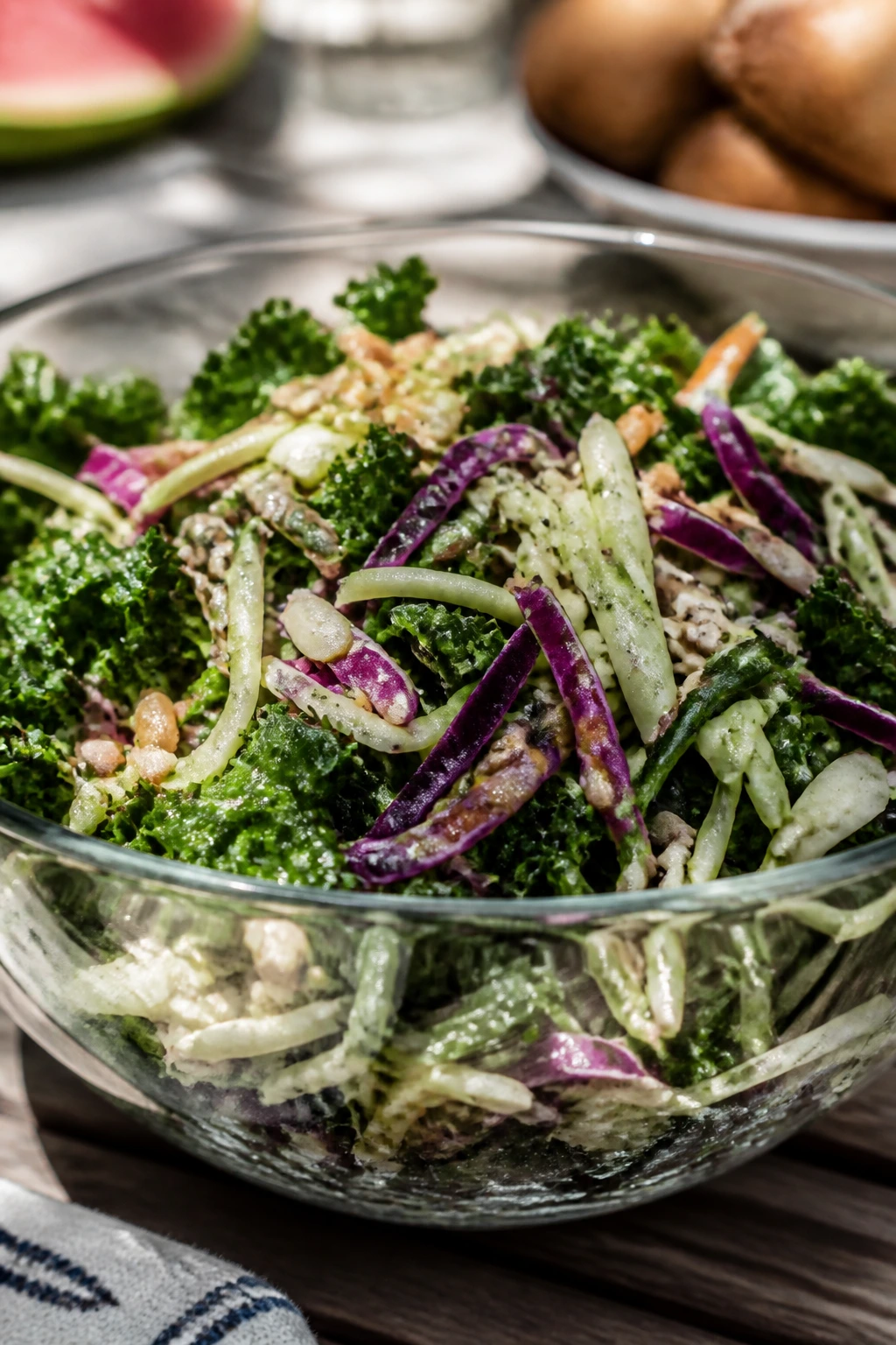Sturdy kale and cabbage slaw in a bowl outdoors
