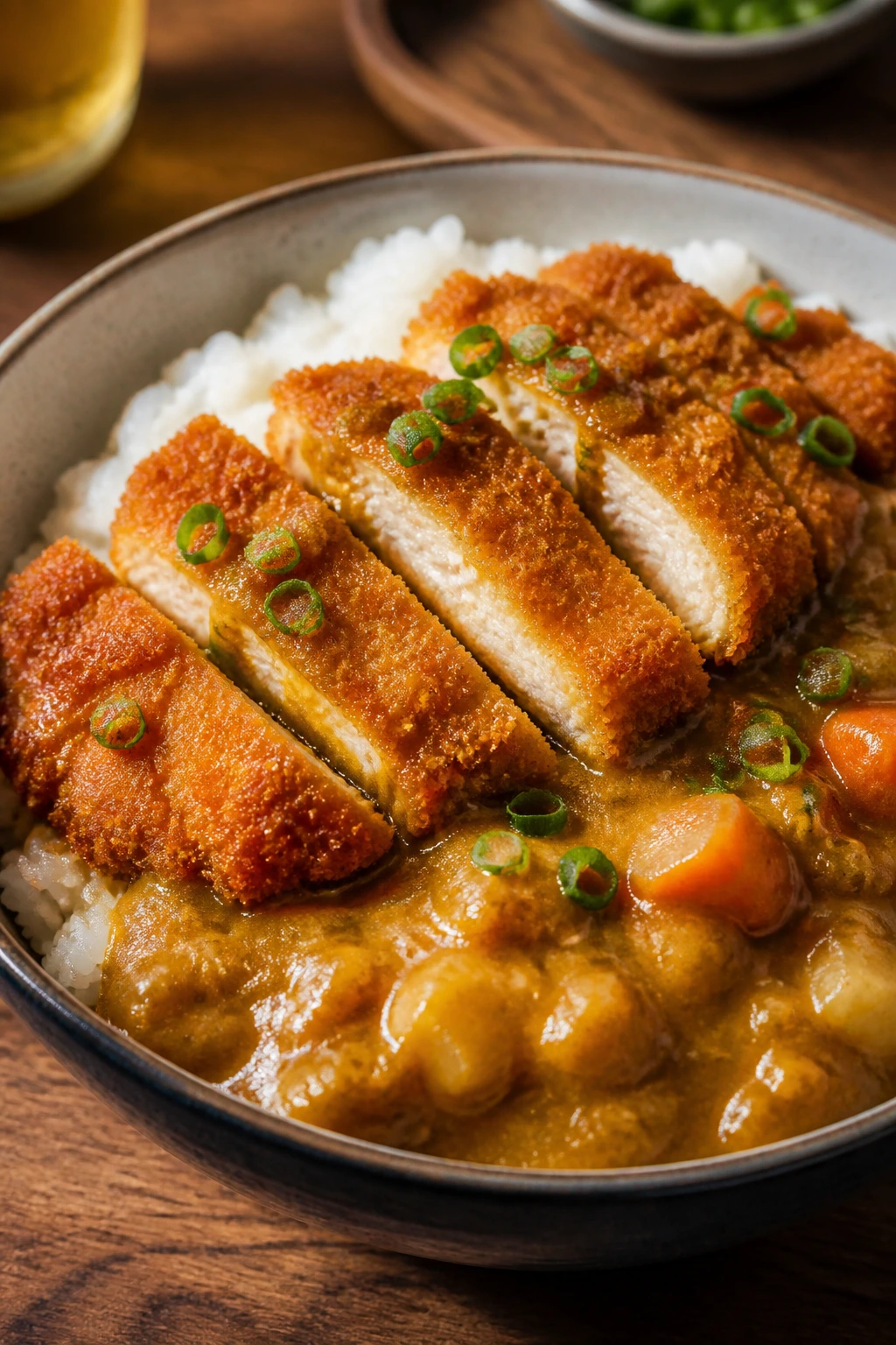 Single bowl with crispy chicken katsu and curry over rice