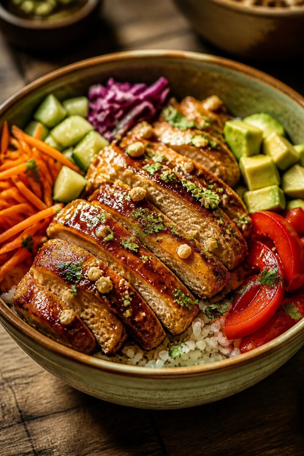 Close-up of a complete chicken bowl with juicy chicken and crisp vegetables on a wooden table.