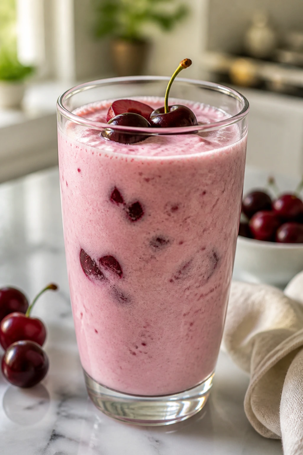 Close-up of Cherry Vanilla Kefir Smoothie in a glass