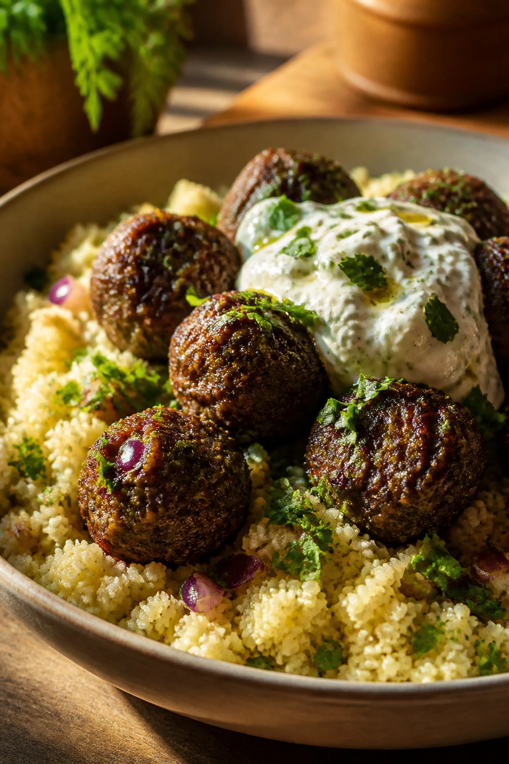 Kefta meatballs on couscous with yogurt and herbs