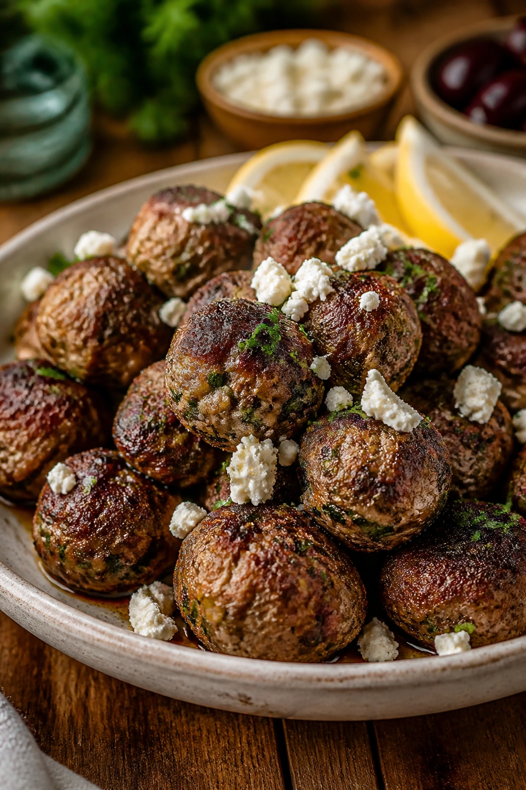 Platter of keftedes on a family dining table with lemon and feta