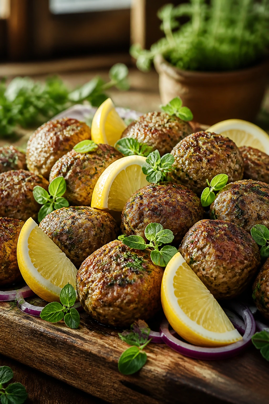 Close-up of golden keftedes with lemon and oregano on a rustic wooden board