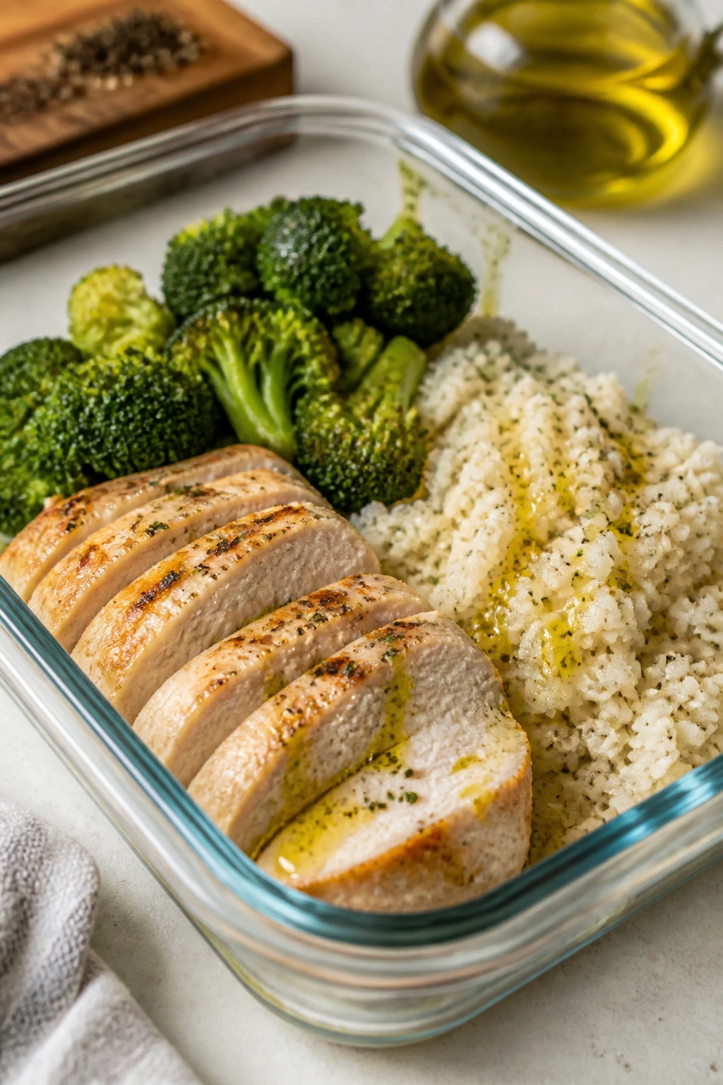 Meal prep container showing lean keto components with olive oil