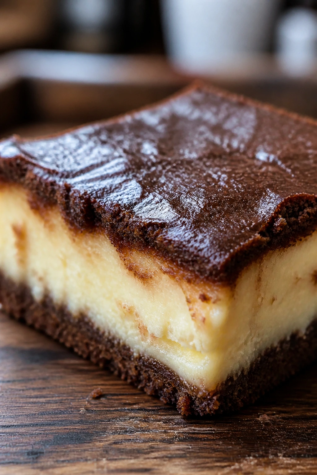 Close-up of a fudgy keto cheesecake bar showing a tender crumb